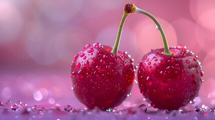 Two ripe cherries, vibrant red, glossy skin, water droplets, fresh and juicy, green stems attached, soft light, light purple background.