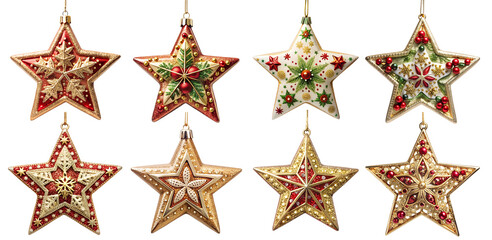 Set of Christmas tree toys in the shape of a star on a transparent background. Holiday and party concept.