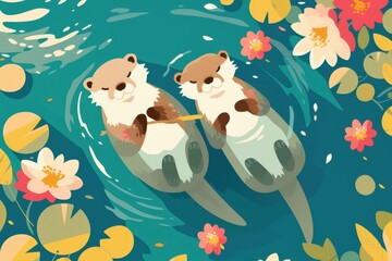 Poster - A pair of otters holding hands while floating in a pond