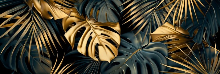 Wall Mural - Opulent Tropical Elegance: Golden and Dark Gray Leaf Pattern