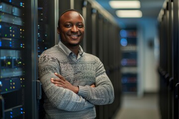 Black man, smiling IT technician in server room, corporation mainframe, software upgrade. Cybersecurity, datacenter, network. Engineering with digital infrastructure and African man