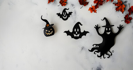 Wall Mural - Table top view aerial image of decoration Happy Halloween day background concept.Flat lay accessories essential object to party the black ghost on rustic white stone.Space for creative design text.