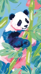 Canvas Print - Chinese panda and bamboo painting art wildlife.