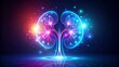 Surrealistic kidney vector landscape with soft glowing blue and pink hues, isolated on a dark gradient background, abstract medical concept.