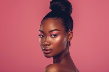 Wall Mural - Portrait of woman with makeup, wellness, and radiance on pink background. Beauty, dermatology, and model in studio with luxury facial care results and spa aesthetic.