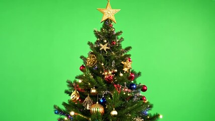 Wall Mural - Christmas tree with decoration rotates on a green screen. Merry Christmas and a Happy New Year background animation. Festive and celebration