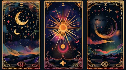 cosmic tarot art, the tarot card collection is adorned with intricate patterns and cosmic symbols, creating a magical design for spiritual seekers