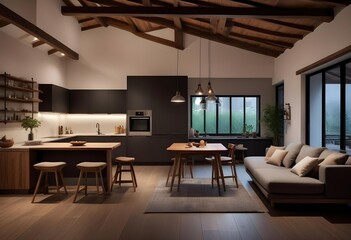 Dark late evening scene, wooden japandi kitchen, dining and living room with resin floor and beams ceilings. Sofa and table with chairs. Minimalist interior design