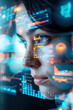 © ChubbyCat - AI cyber security,  Close-up view of a female face with an ethereal digital data overlay featuring colorful graphs and charts. Her expression is one of curiosity and engagement as