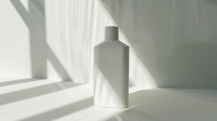 Canvas Print - Minimal concept: white cosmetic bottle on white surface with window light casting graphic shadow