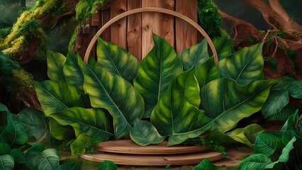 A lush natural green wooden podium premium product mockup background design concept for herbal products or luxury product. Green leaves on woody stage. Showcase product, display, studio, eco friendly