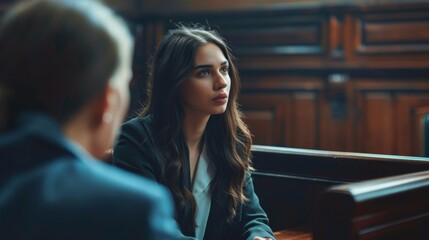 Poster - A woman in a suit is sitting in a wooden bench