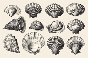 Wall Mural - Shellfish seafood, hand drawn set. Oysters, mussels, scallop and other. Engraving style