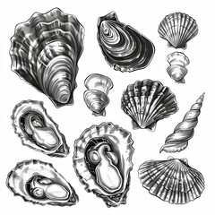 Wall Mural - Shellfish seafood, hand drawn set. Oysters, mussels, scallop and other. Engraving style