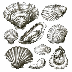 Wall Mural - Shellfish seafood, hand drawn set. Oysters, mussels, scallop and other. Engraving style