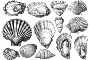 Wall Mural - Shellfish seafood, hand drawn set. Oysters, mussels, scallop and other. Engraving style