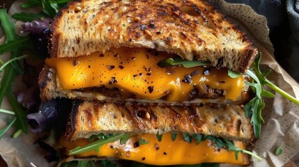 A delicious grilled cheese sandwich with melted cheddar, fresh greens, and a crunchy, golden crust, perfect for any meal.