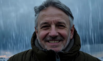 Wall Mural - Portrait of a happy senior man in the rain in winter.