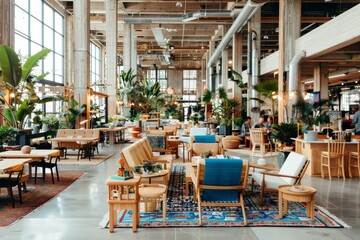 Wall Mural - Modern restaurant with wooden tables and lush green plants offering a stylish and inviting space for dining and social interactions.