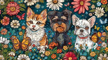 Naklejka na meble animal picnic illustration, whimsical design featuring cats and dogs enjoying a picnic in a flowery meadow, ideal for a vibrant notebook cover with a nature theme