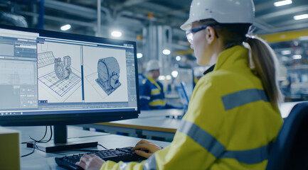 A woman engineer is wearing high-visibility clothing and a helmet. She is working on a computer with technical drawings displayed on the monitor in an industrial environment.