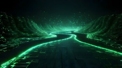 Wall Mural - Digital road lit up by a binary code matrix in green. digitally isolated twisting road against a dark background