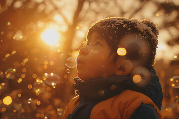 A child blowing bubbles in a park with the sun setting behind.