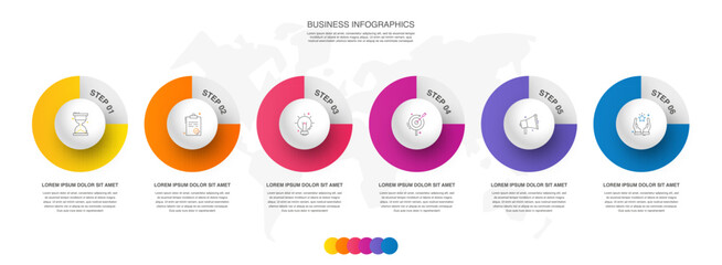 Modern 3D vector illustration. Circular infographic template with six elements. Contains icons and text. Designed for business, presentations, web design, 6-step diagrams.