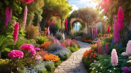 vivid garden walk with a variety of plants and flowers, an artistic style, an outdoor backdrop of nature, and the idea of a magical journey