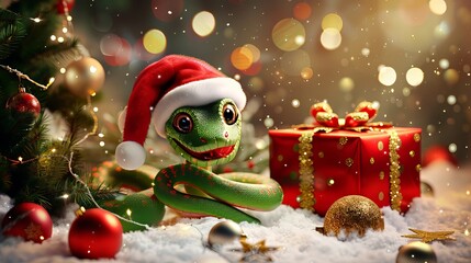 A cute cartoon green snake in a Santa hat with a red gift sits near the Christmas tree.2025