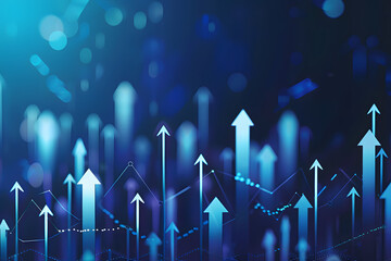 Poster - A blue background with arrows pointing upwards, representing stock market growth or business success in the financial industry graph show upward trends, symbolizing positive progress 