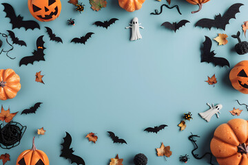Wall Mural - Halloween frame with party decorations of pumpkins, bats, ghosts, spiders on blue background from above. Happy halloween card in flat lay style.