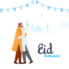 Wall Mural - Beautiful poster and banner design with illustration of young men hugging each other in occasion of Islamic Festival Eid Mubarak.