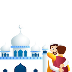 Sticker - Cartoon character of Islamic men hugging each other in front of mosque for Eid Mubarak Festival celebration poster or banner design.