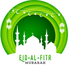 Wall Mural - Paper cut style poster or banner design with mosque on green background for Eid-al-fitr festival celebration.