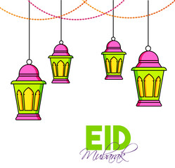 Sticker - Colorful traditional lantern hanging on white islamic background foe Eid Mubarak celebration.