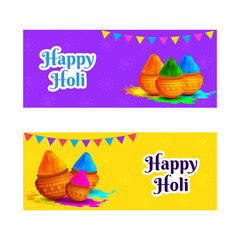 Sticker - Purple and yellow header or banner design for Happy Holi festival with illustration of color pots.