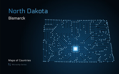 Wall Mural - North Dakota Map with a capital of Bismarck Shown in a Microchip Pattern. E-government. United States vector maps. Microchip Series	
