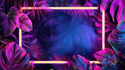 Wall Mural - A tropical elegant frame made of exotic emerald leaves and neon lighting. Stylish fashion banner. Plants illuminated with purple, orange, pink fluorescent light.