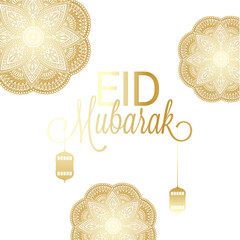 Wall Mural - Mandala design decorated golden stylish text Eid Mubarak with hanging lanterns decorated background.