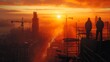 © AimasterPhoto - Golden Hour Over the City: Silhouetted construction workers stand atop a skyscraper, overlooking a foggy London skyline bathed in the warm glow of sunrise. Generative ai illustration.