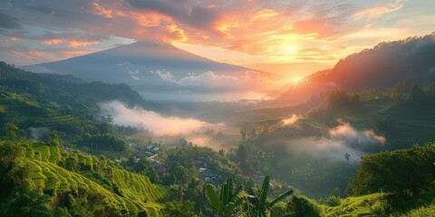 Wall Mural - Sunrise over Majestic Mountains in Indonesia