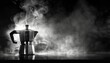 © Maksym - Steaming traditional italian geyser coffee maker, moka pot stands on a dark background with steam