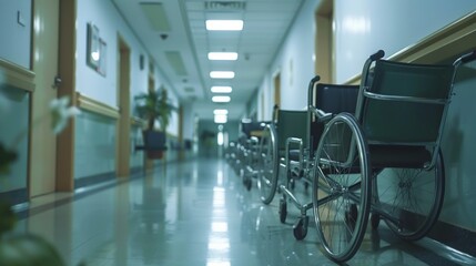 Poster - A hospital hallway with a row of wheelchairs