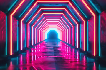 Poster - Futuristic neon-lit hexagonal tunnel with vibrant colors, creating a mesmerizing visual experience of light, shape, and technology innovation.