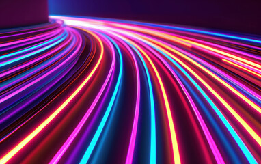 Poster - Vibrant and colorful light trails forming dynamic curves on a dark background, creating a sense of speed and motion.