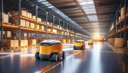 Automated warehouse with robots handling logistics. Futuristic and efficient, perfect for industry and technology content.