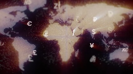 Aufkleber - Planet, currency and abstract of earth with icon for volatile finance economy, growth or world trade. International, exchange and graphic with money for global stock market, share price or investment
