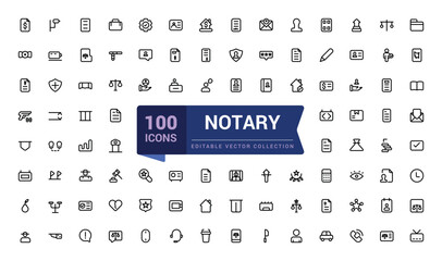 Set of thin line notary Icons. Lawyear and law related icon set. Icon for web and UI. Editable Vector illustration.