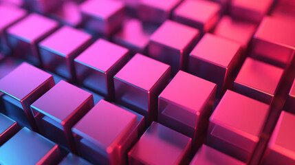 Poster - Vibrant  abstract geometric pattern with glowing pink and blue cubes, creating a futuristic and dynamic digital art composition.